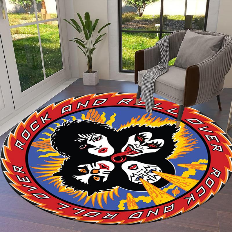 1ks kulatý koberec Rock and Roll Over Logo, Vyrobeno z polyesteru, Ideální pro zdobení kancelářských židlí, obývacích pokojů