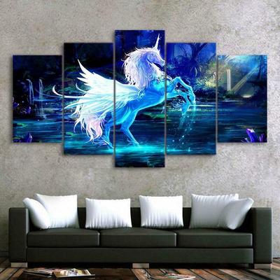 3D-Leinwandbild mit Fantasie-Pferd in Weiß und Blau, 5-teilig, Druck, Wandkunst, Leinwandgemälde, Wanddekoration für Wohnzimmer