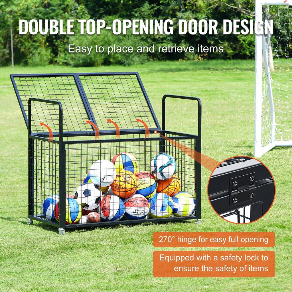 VEVOR Rolling Sports Ball Storage Cart, Lockable Basketball Cage with Double Lids, Sport Equipment Holder Organizer for Indoor Outdoor