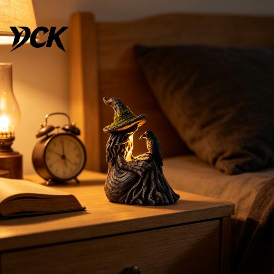 Handmade Dark Fantasy Figurine Luminous Witch & Raven with Mossy Tree Texture, Resin Gothic Halloween Garden Decor Statue LED Light for Home