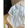 Korean Fashion Commuter Ol Loose Lapel Single-Breasted White Design Embroidered Shoulder Short Sleeve Shirts Top Women
