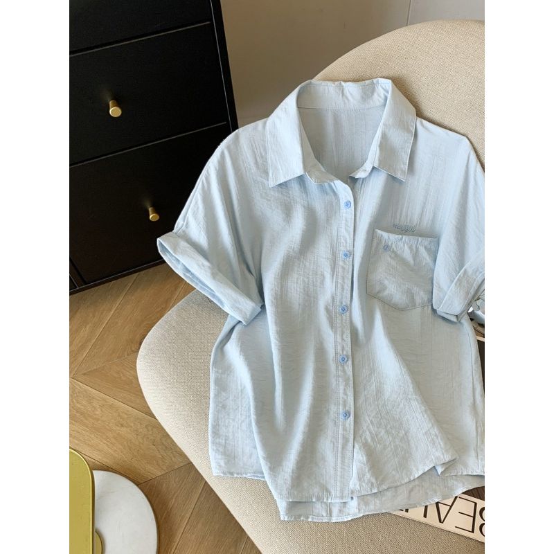 Korean Fashion Commuter Ol Loose Lapel Single-Breasted White Design Embroidered Shoulder Short Sleeve Shirts Top Women