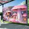 2D Dreamy Mushroom Village Backdrop, Pink Forest Scene Background for Baby Shower