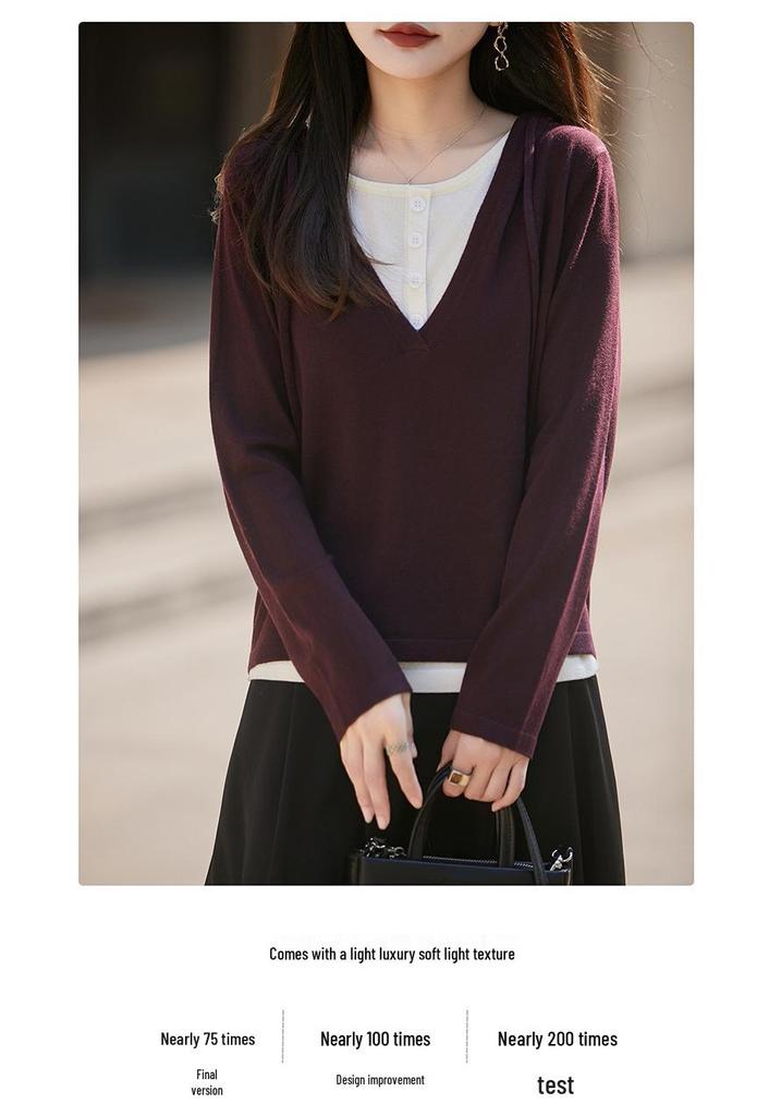 Korean Wool-Blended Color-Block Hooded Sweater - Women's Long-Sleeve Two-Piece Knit for Autumn and Winter