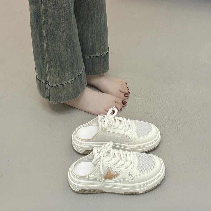 Summer Half Slippers Women's New Breathable Thin Mesh Mesh Shoes Thick-soled Casual One-pedal Lazy Little White Shoes