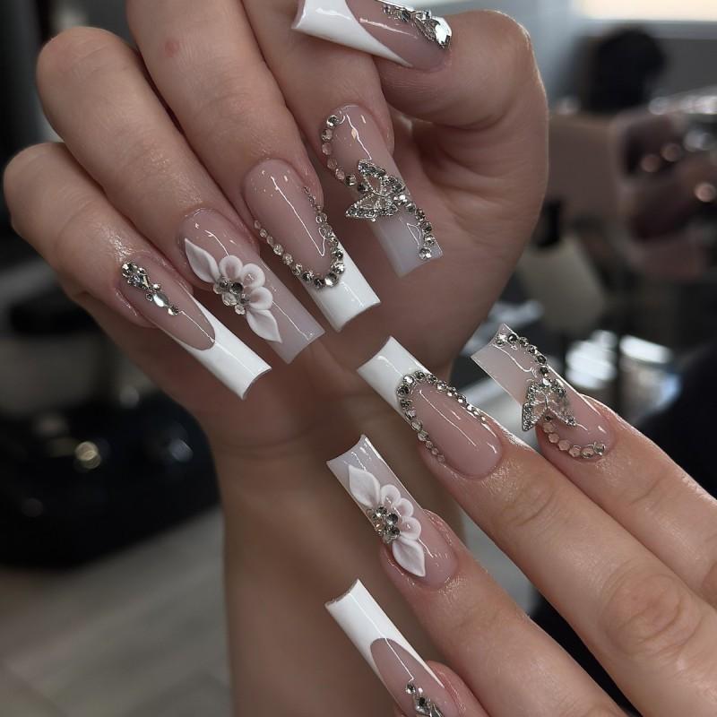 10pcs Handmade Press-On Nails French Style 3D Floral Butterfly Rhinestone Nail Tips Women Short Wearable Manicure