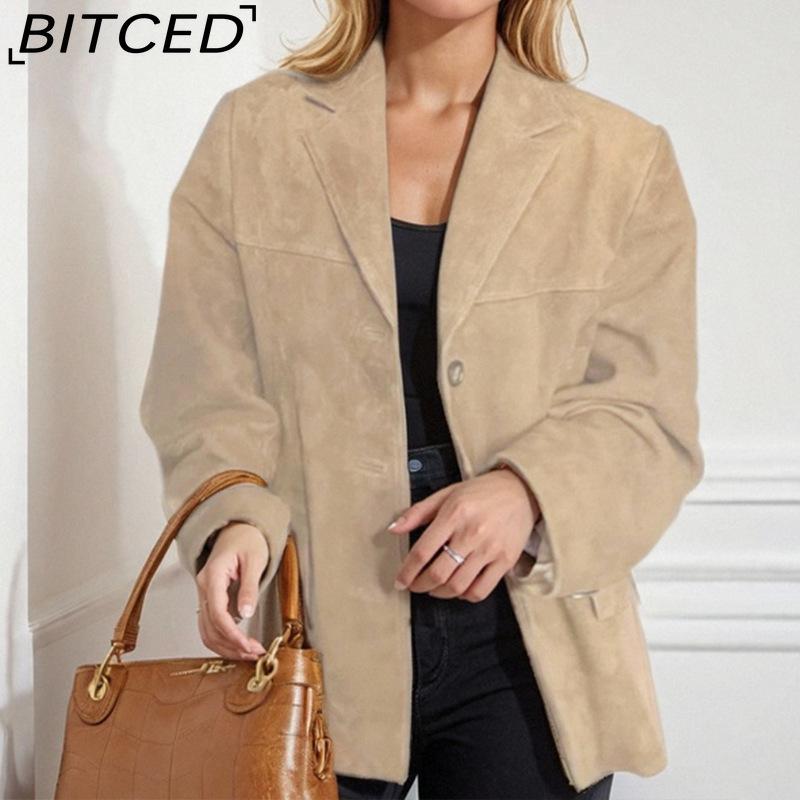 BITCED Spring Ladies' Vintage-Inspired Loose-Fit Pocket Suede Long-Sleeved Blazer