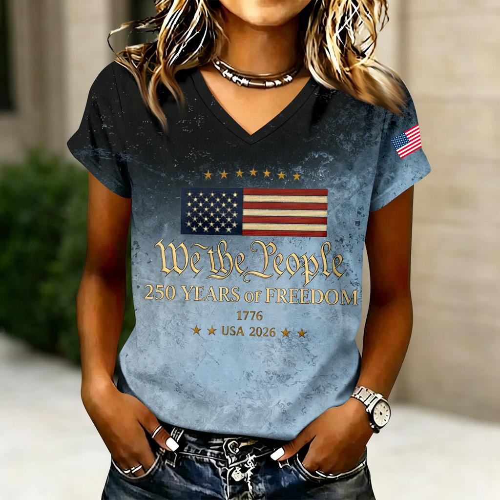 Women's V-Neck Short Sleeve T-Shirt - Anniversary 1776-2026 Letter Print, Casual Summer Top Tee