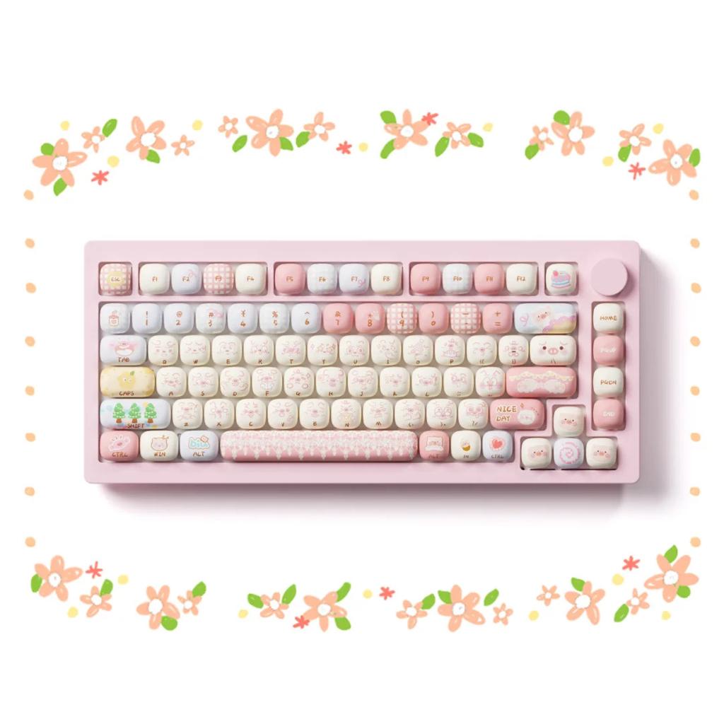 Cute Round Pig Party Keycap 2024 New MOG Height PBT Material Mushroom Shaped 139keys Alice Layout Keycap 6.25/7U Space Key