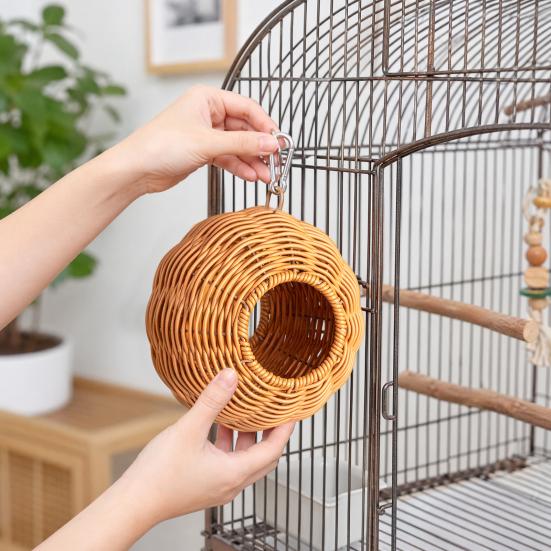 Parakeet Nest, Chewproof Plastic Frame Washable Small Bird House for Cage, Hanging Cozy Sleeping Nest, Woven Rattan Bird Nest with Metal Hooks