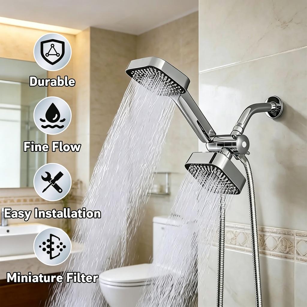 Modern Dual Square Shower Head Set Wall Mount High Flow Multi Spray System with Rotatable Bracket Flexible Hose Anti-Clog Nozzle