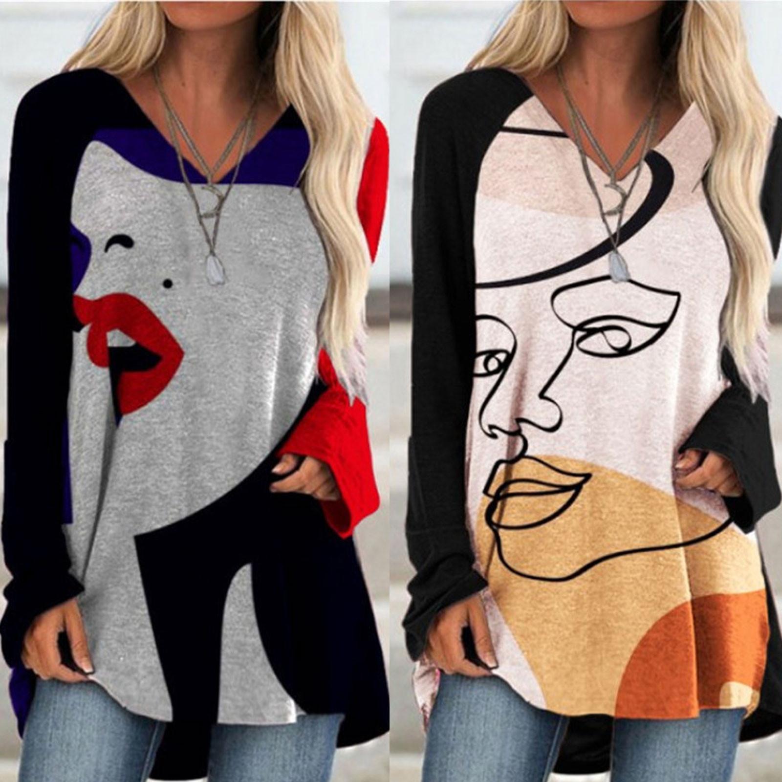 

Женская модная футболка с длинным рукавом и v-образным вырезом для лица с абстрактным принтом, свободный топ