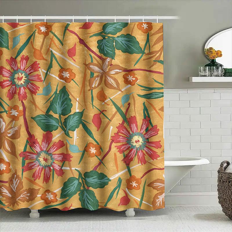 Floral Print Shower Curtain Bathroom Decor, Waterproof Fabric For Home Use, Water Absorbent, Flower Patterns In Green, Pink Yell