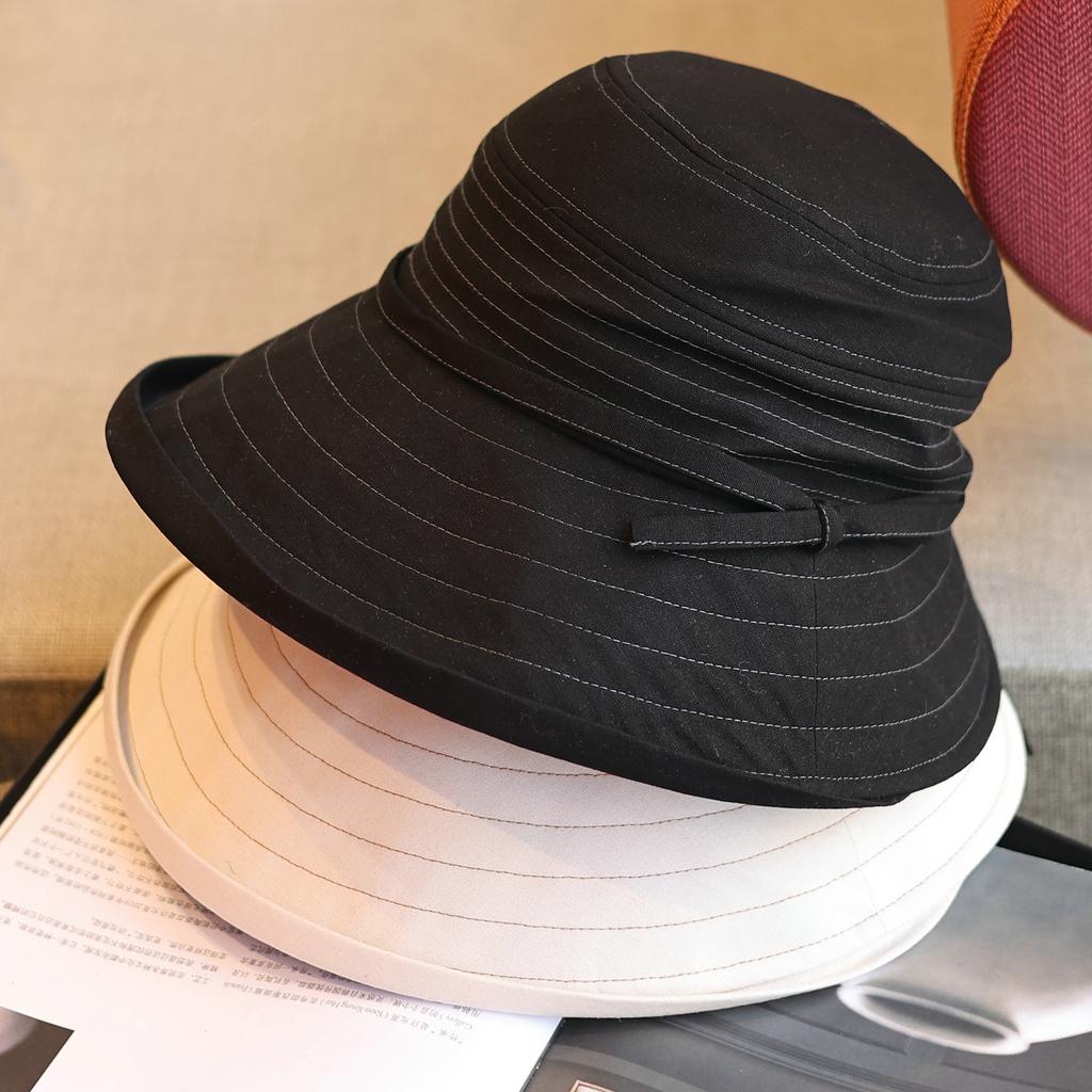 Literary Cotton and Linen Eaves Simple Bucket Hat Women's Spring and Summer Versatile Stitching Bow Sunshade Cloth Hat