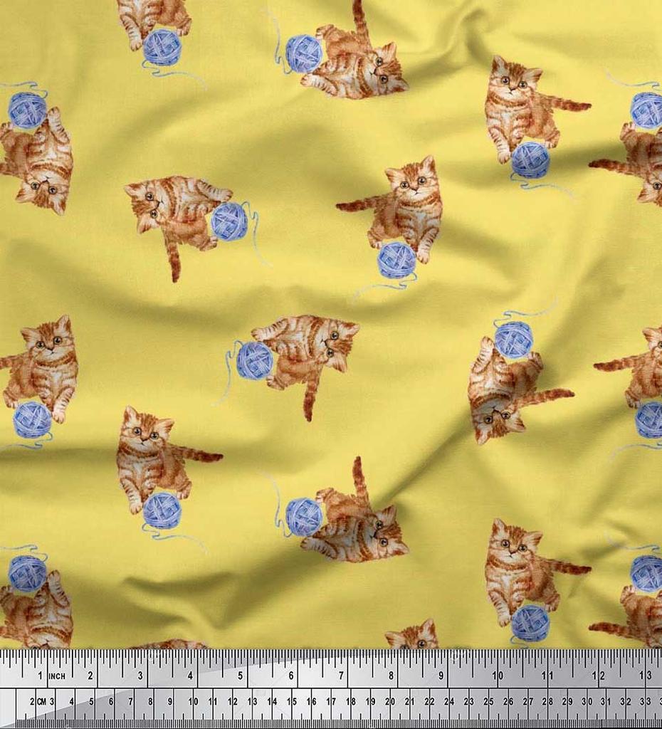 Soimoi Japan Crepe Satin Fabric Wool & Cat Animal Print Fabric by the Metre 42 Inch