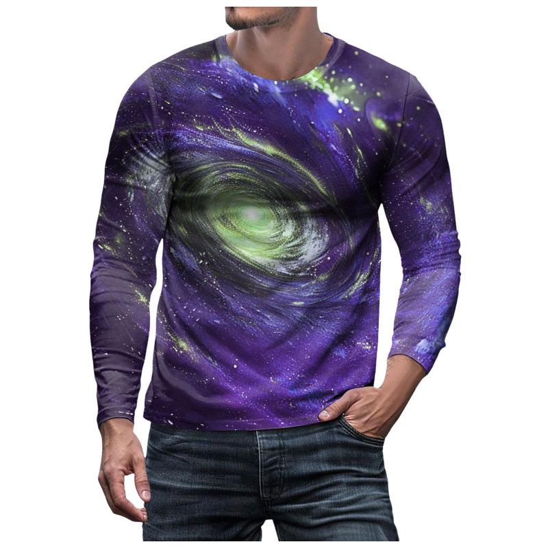 3D Brilliant Starry Sky Printed Top Casual Long Sleeved Men's T-shirts - Soft Medium Stretch Polyester Fabric Spring and Autumn Relaxed Fit Clothing