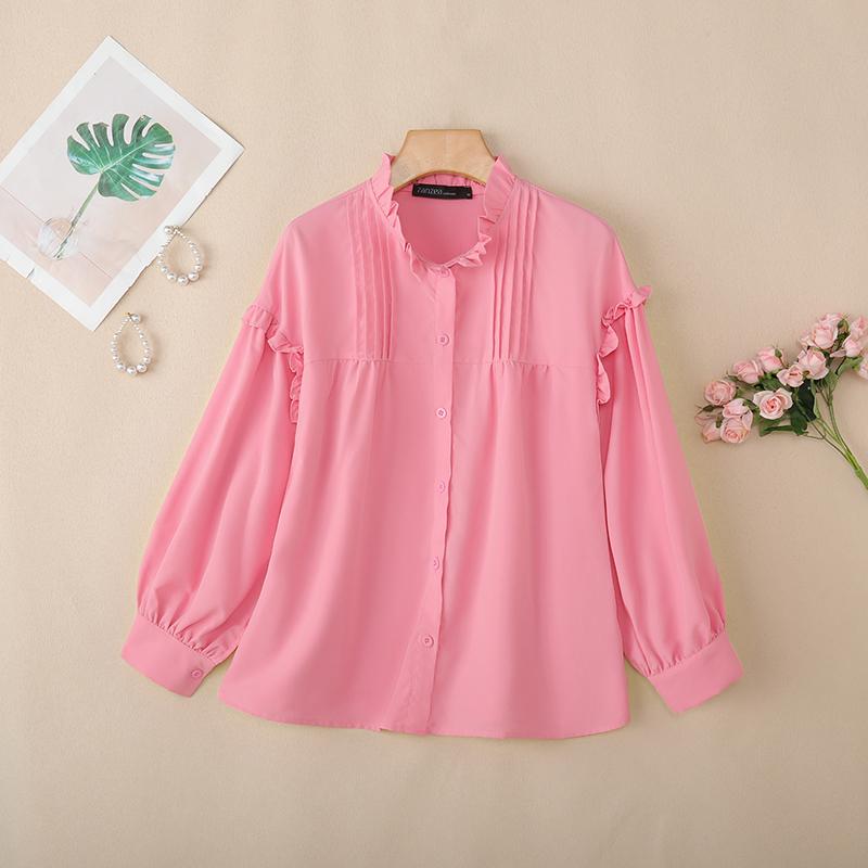 

ZANZEA Женская повседневная блузка с круглым вырезом, однотонная, свободного кроя, с длинным рукавом S розовый