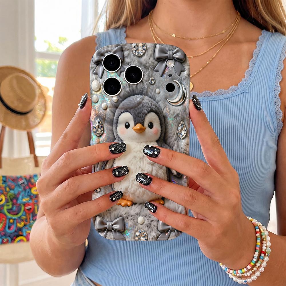 Cute Penguin Bow Rhinestone Pearl Wavy Edge Phone Case For iPhone 17 16 15 14 13 12 11 8 7 Plus Pro Max Bling Soft Cover