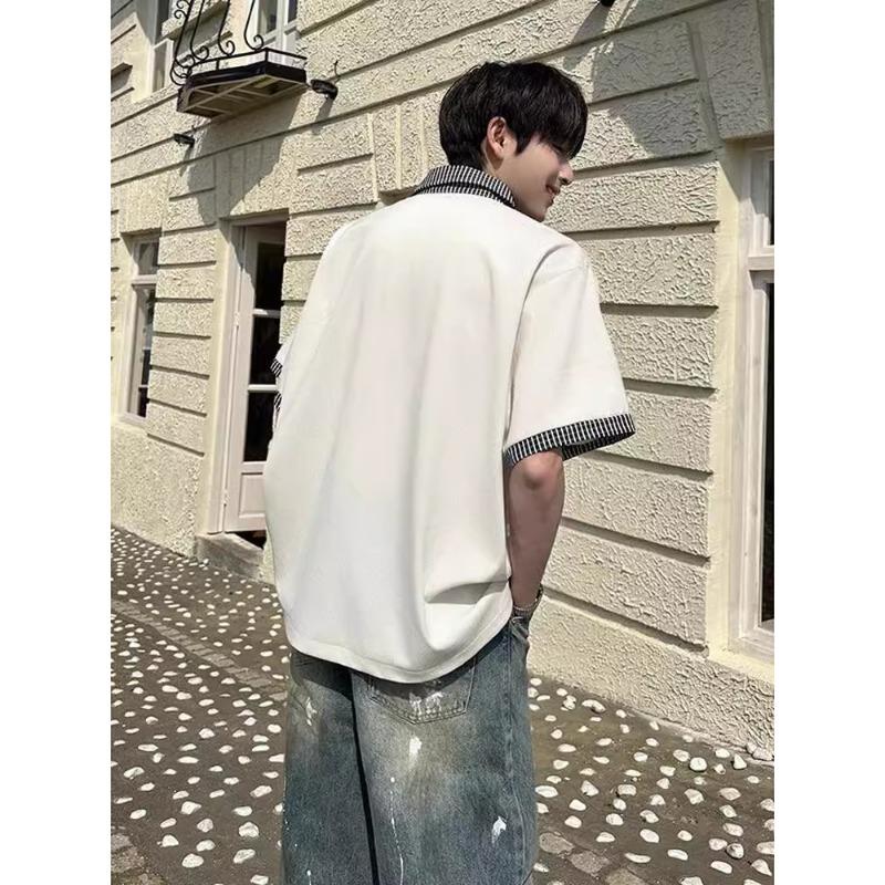 Men's Black Striped Collar Cuff Detail Polo Shirt Casual Oversized Streetwear Top