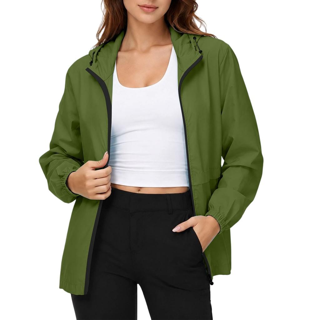 Women's Waterproof Windproof Hooded Jacket Lightweight Outdoor Raincoat Full Zip Front Pockets Adjustable Drawstring Hood
