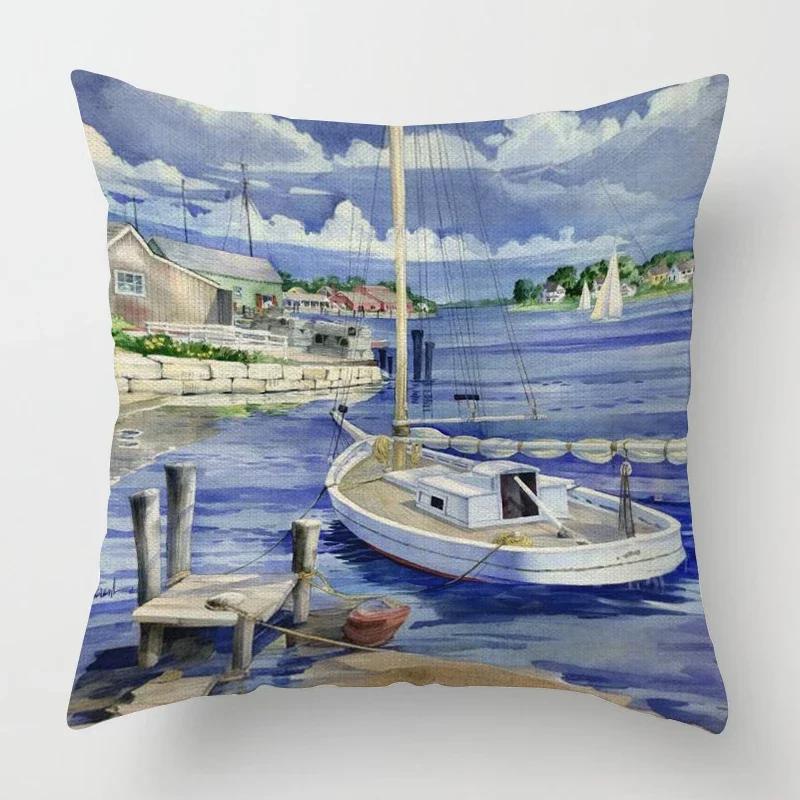 Beach landscape pattern throw pillow cover with short plush print for living room sofa decoration cushion cover pillow covers