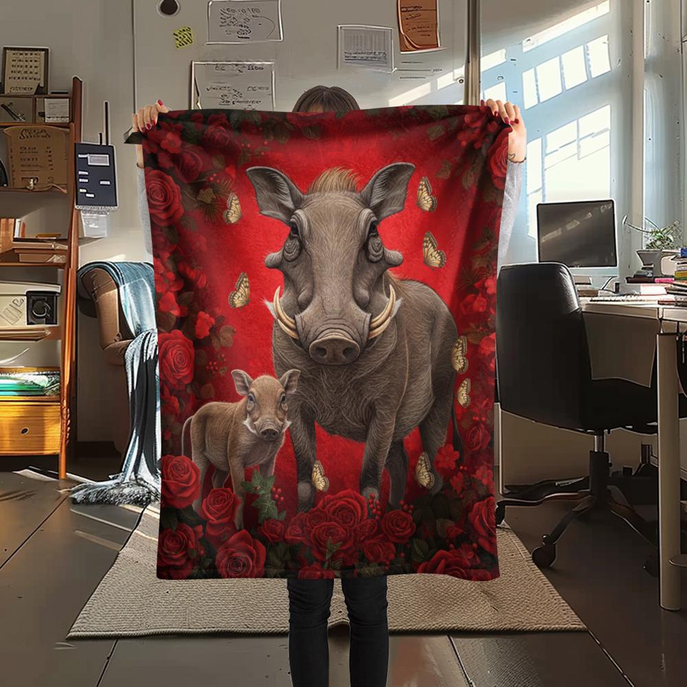 1PC Red Rose Animals Print Flannel Blanket, High Quality All Seasons, Home Decor, Warmth and Comfort, Perfect for Christmas Gifts