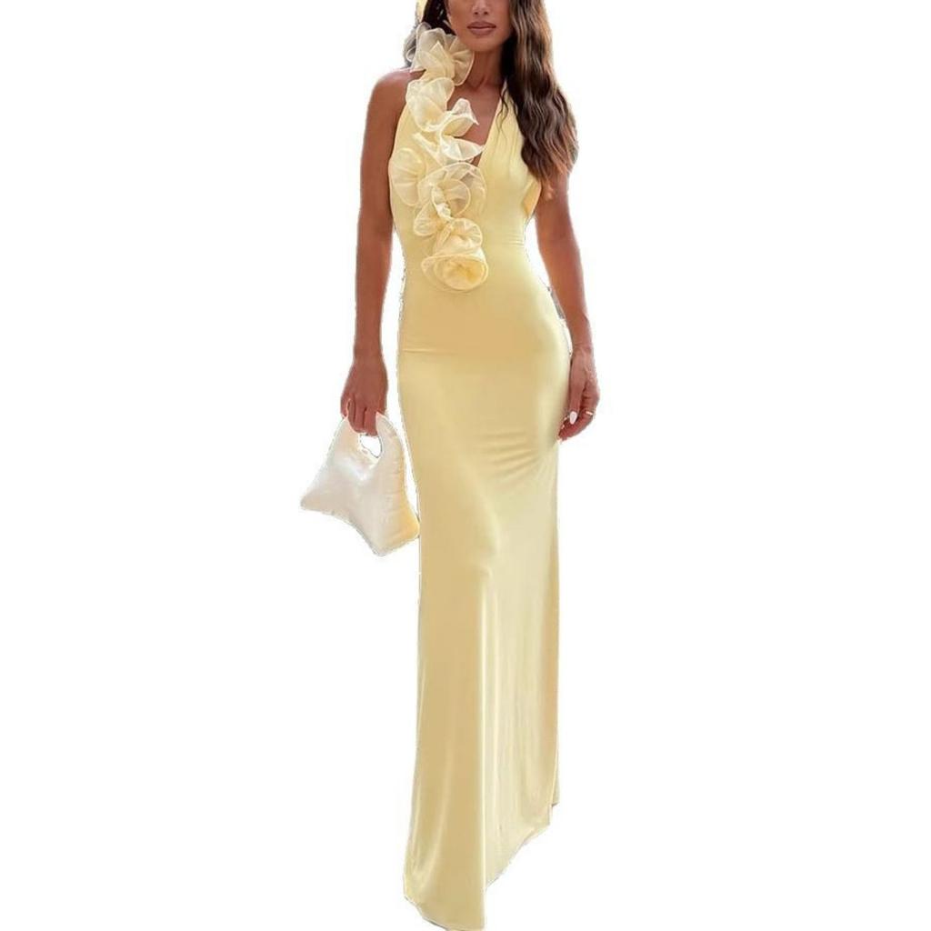 Abito Bodycon da Donna a Collo Alto V-neck Monocolore con Decorazioni in Pizzo 3D Stile Europeo Americano