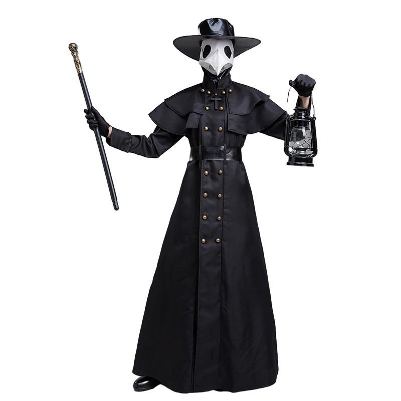 Costume Steampunk Medievale Dottore della Peste per Adulti Coppie Outfit Cosplay di Halloween Nero S-5XL