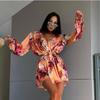 European and American Print Jumpsuit Women High Sense Drape V-neck Lace-up Waist Hugging Long sleeve Jumpsuit Shorts