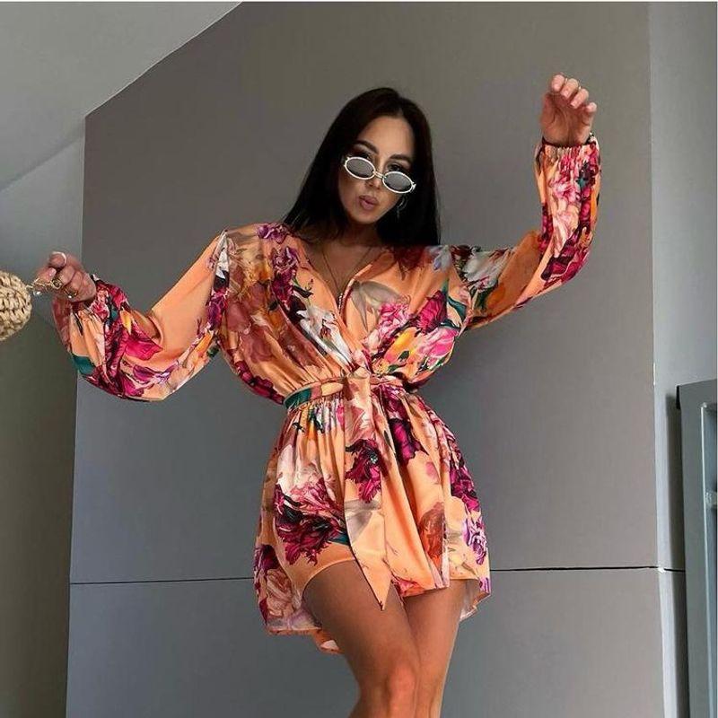 European and American Print Jumpsuit Women High Sense Drape V-neck Lace-up Waist Hugging Long sleeve Jumpsuit Shorts