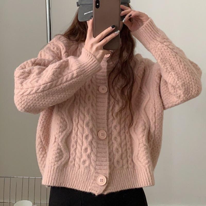 Korean Style Lazy Twist Knit Cardigan Short Round Neck Sweater Coat