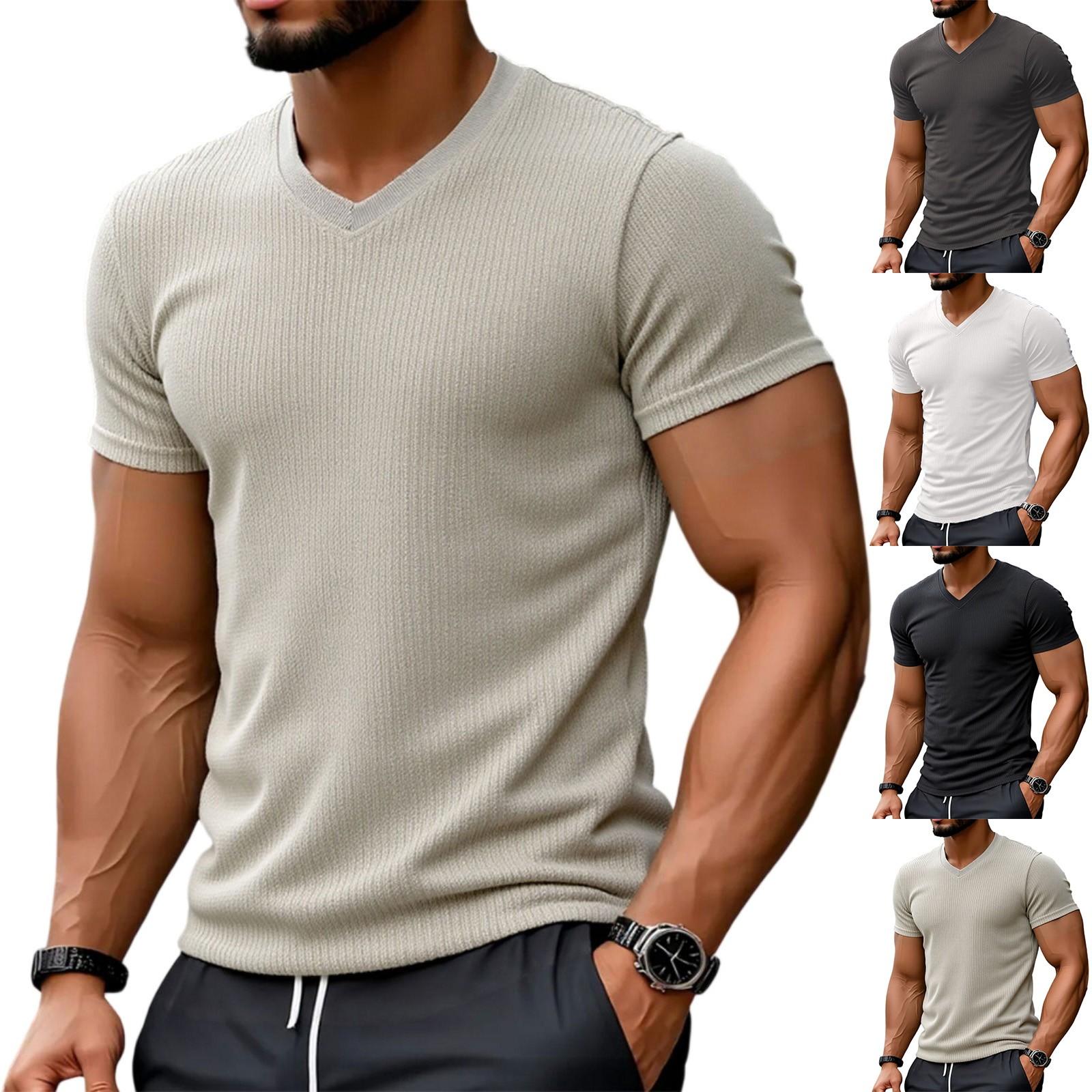 

Men s Breathable Casual Solid Color Heart-Shaped Collar Textured Muscle Fit Athletic Workout T-Shirt L чорний