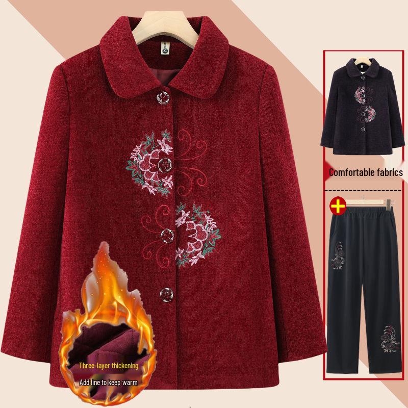 Elegant Embroidered Wool Coat for Elderly Women - Autumn/Winter Fashion with Velvet Lining