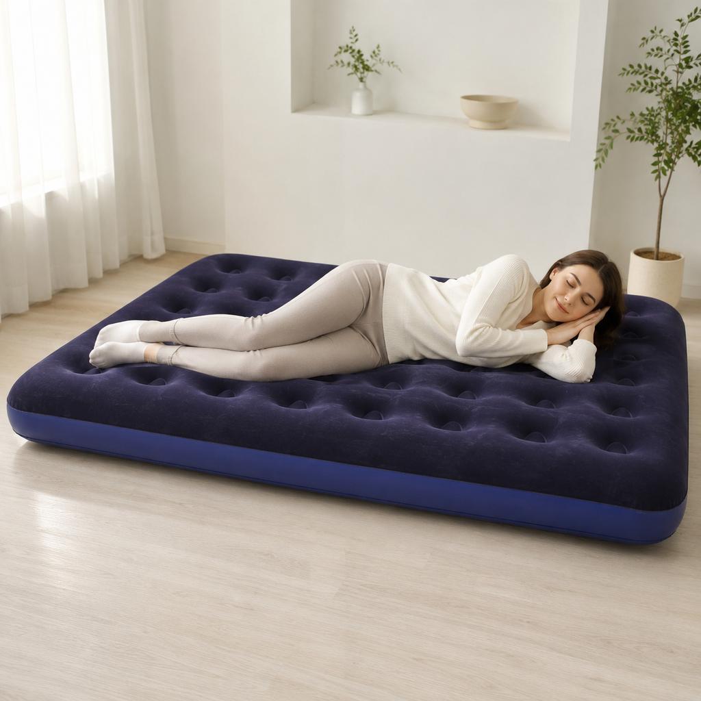 Inflatable Air Mattress Double Size Camping Bed with Flocked Surface Portable Blow Up Mattress Outdoor Guest Sleeping Bed