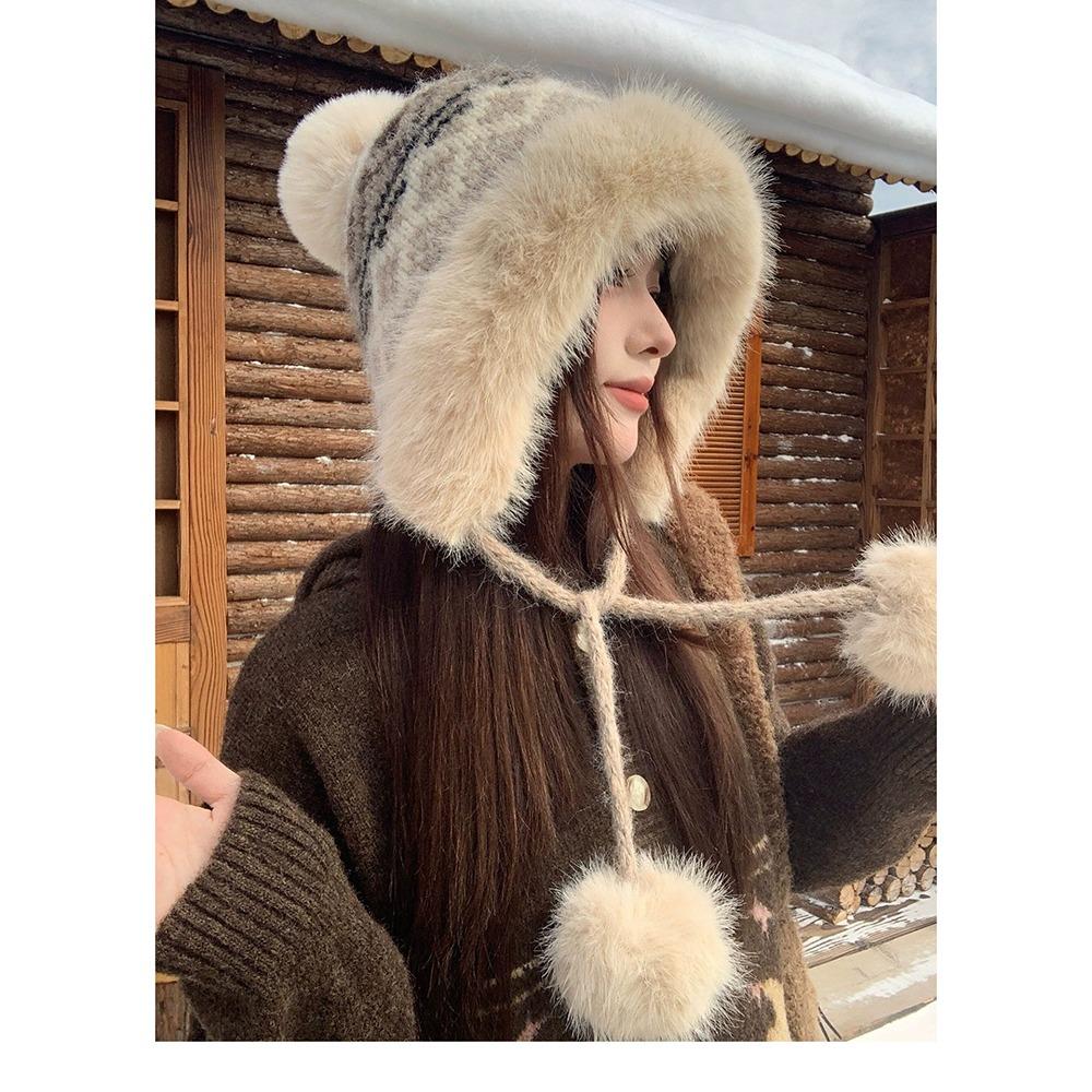 56cm to 58cm Head Circumference Fluffy Knitted Hat Ear Protection Hat Cold Weather