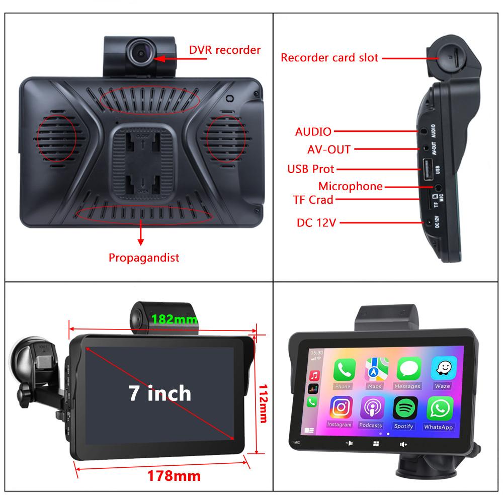 Portable 7" Touch Screen Multimedia Player Compatible with Wireless CarPlay Android With DVR 64G TF Card