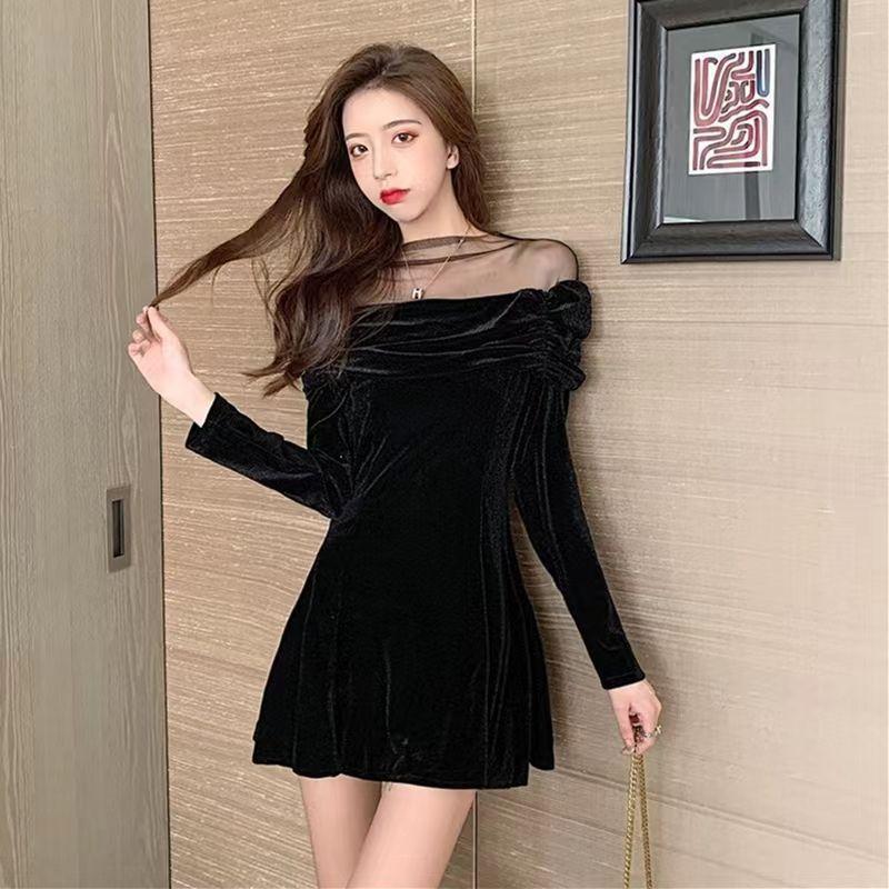 

One-word shoulder mesh splicing red long-sleeved dress women s autumn and winter temperament sexy waist a-word dress short skirt S чёрный