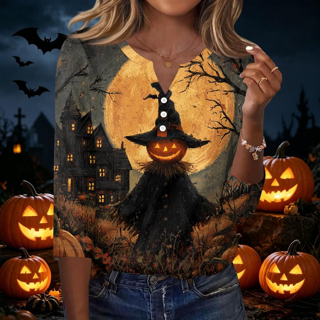 Women Casual Halloween Printed V Neck Button Three Quarter Sleeve T Shirt Top Lightweight Comfortable Fit Seasonal Style