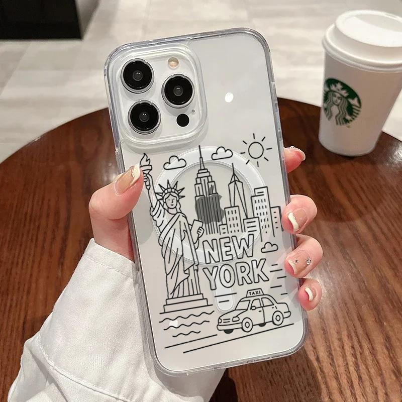 “New York”Transparent Phone Case For iPhone 17 Pro Max 16 15 14 11 12 13 Pro Plus For MagSafe Silicone Shockproof Soft Funda iPhone 11