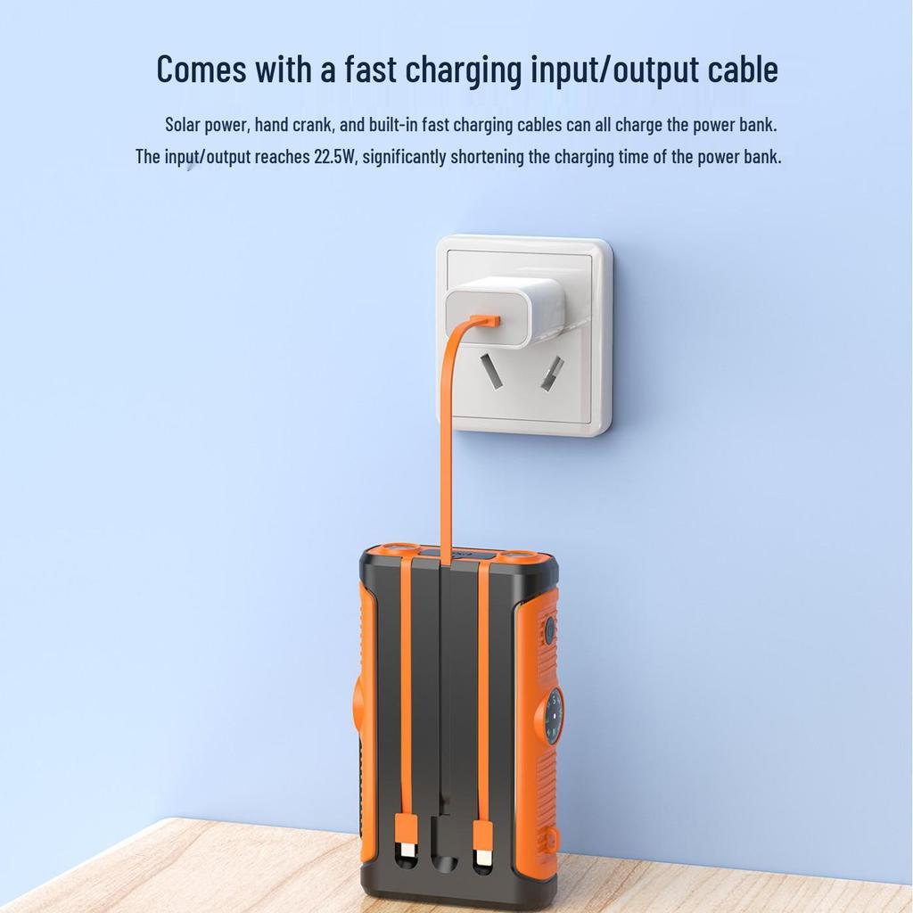 Solar Hand-Crank Power Bank & Magnetic Wireless Charger with PD 22.5W Fast Charging & Built-in Cable - Camping Mobile Power Supply.