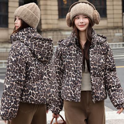 Vintage Odnímatelná Kapuce Leopardí Vzor Krátká Zimní Bunda