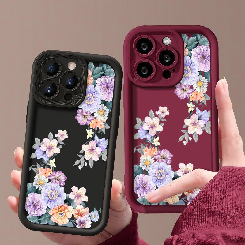 For iPhone 16 Pro Max 15 Pro 14 Plus 13 12 11 XS 8 7 Case Colorful Floral Print Lens Protection Shockproof Matte TPU Soft Phone Cover