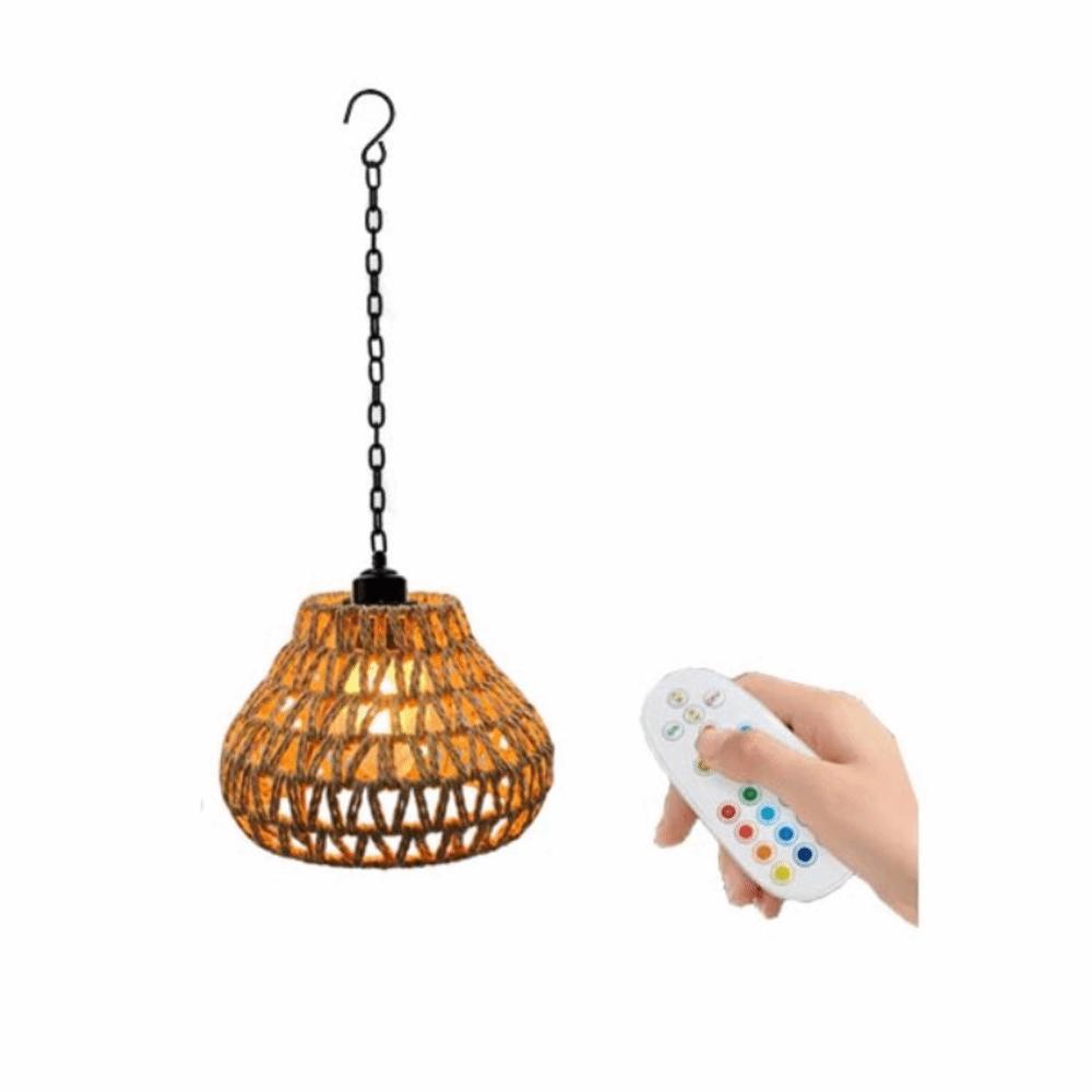 Long Iron Chain Rattan Hanging Lights Rope Woven Shade Brightness Adjustment Rechargeable Pendant Light Chandelier Fixture