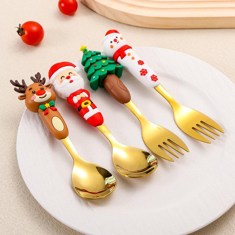 4 Stück Weihnachtsgabel und Löffel Set Besteck Edelstahl Kreatives Tafelgeschirr Kaffee Tee Dessert Geschenkset