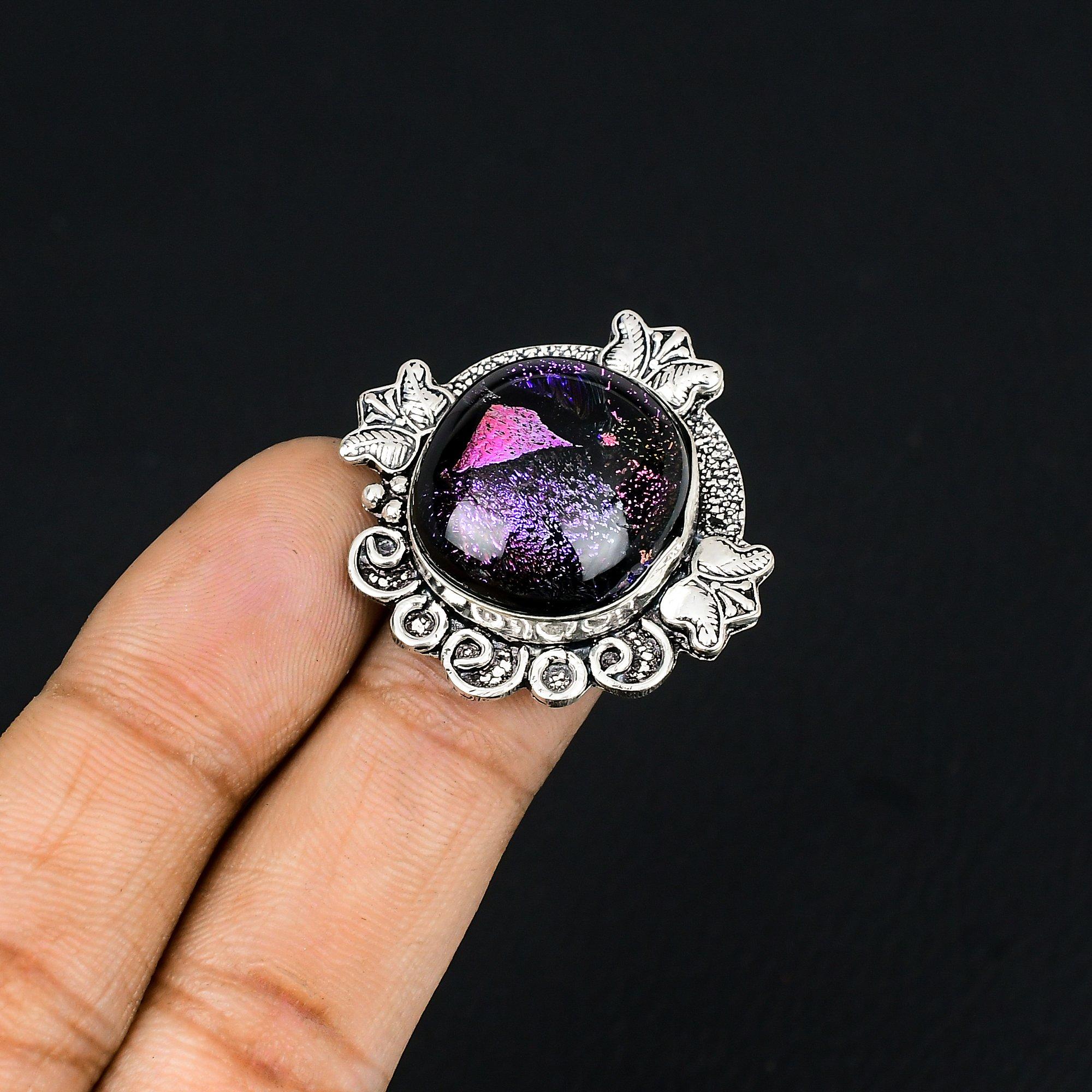 American Dichroic Glass Stone Handmade Solitaire Ring Size 7 925 Sterling Silver 7