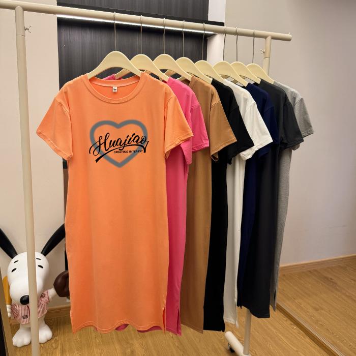 

Свободное, большого размера, в гонконгском стиле, с короткими рукавами, средней длины, с разрезом, платье-футболка для женщин на лето 4XL розовый