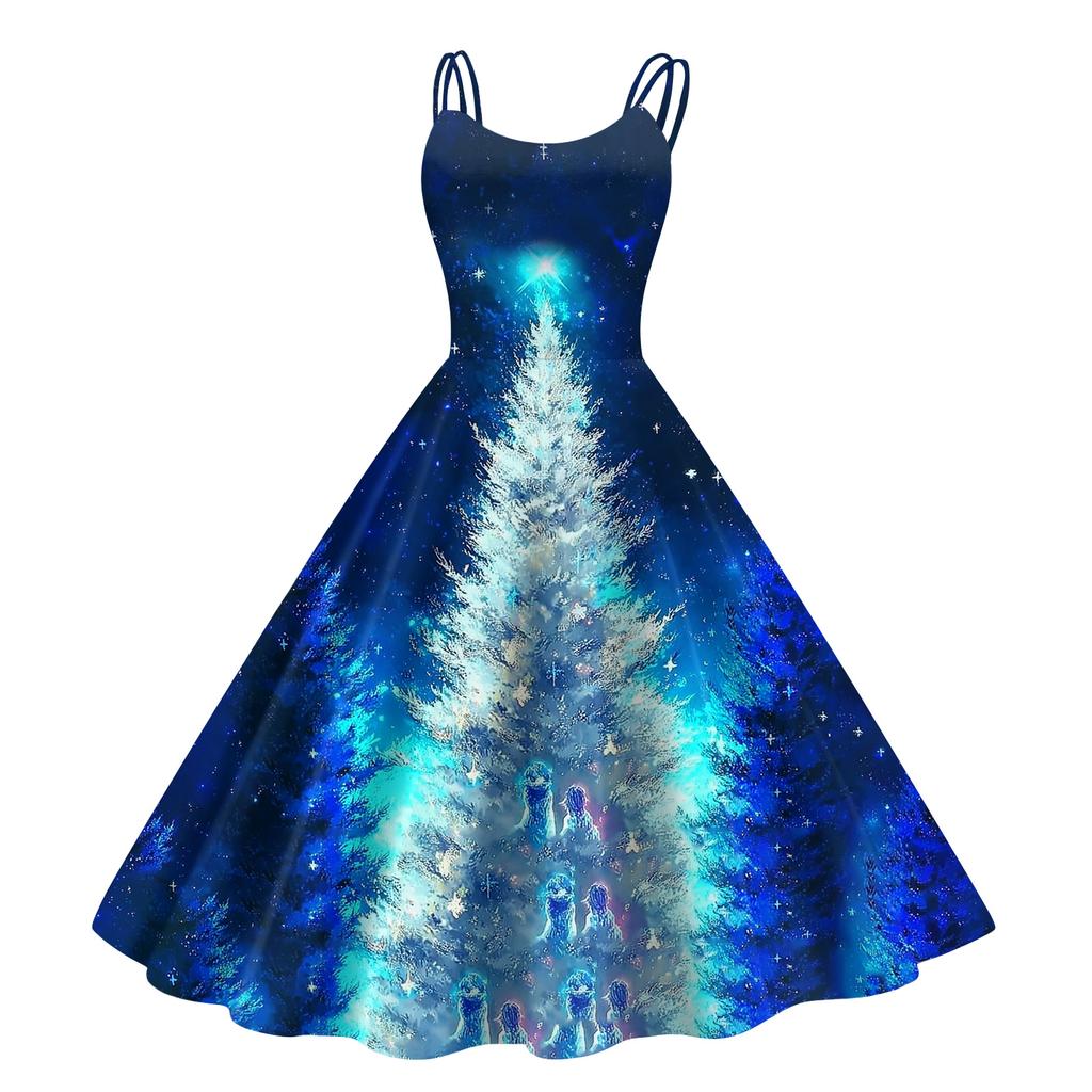 Women's Fashion Casual Christmas Print Sexy Off-the-shoulder Punk Retro Dress
