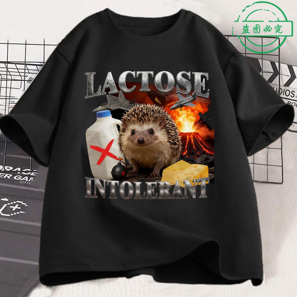 T-shirt Chat Drôle Intolérant au Lactose Unisexe Femme Mode Rétro Manches Courtes Coton Décontracté Confortable Oversize
