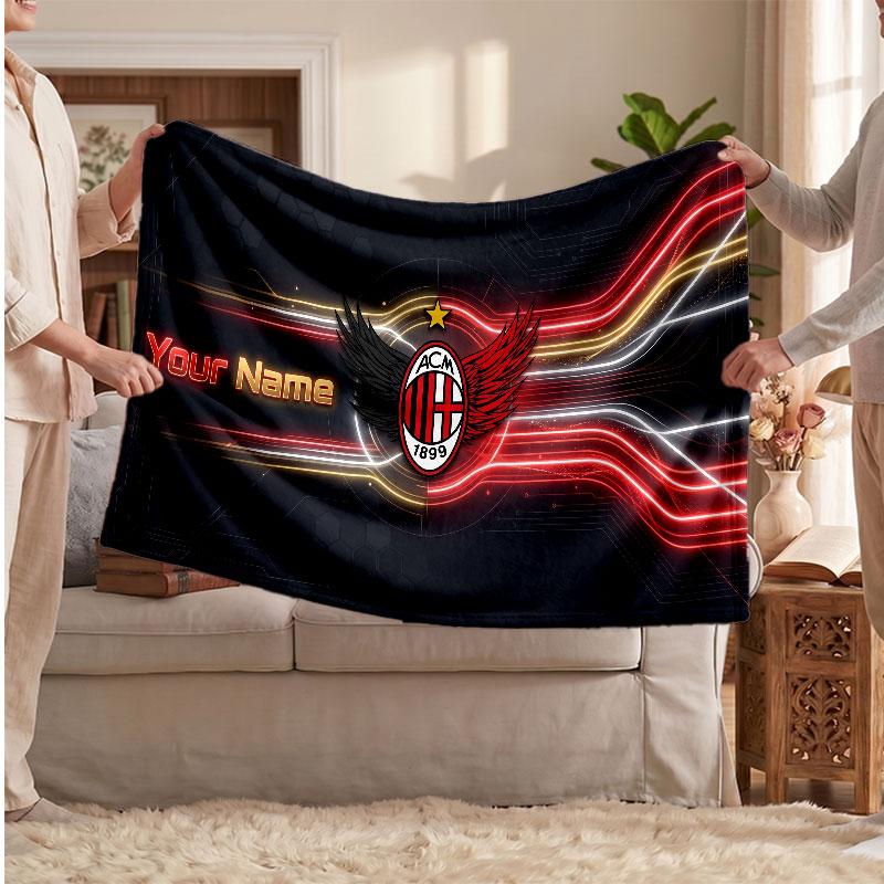 Coperta in Pile Personalizzata AC Milan con Logo Calcio, Testo Nome Personalizzato Morbida Calda Coperta da Divano per la Casa