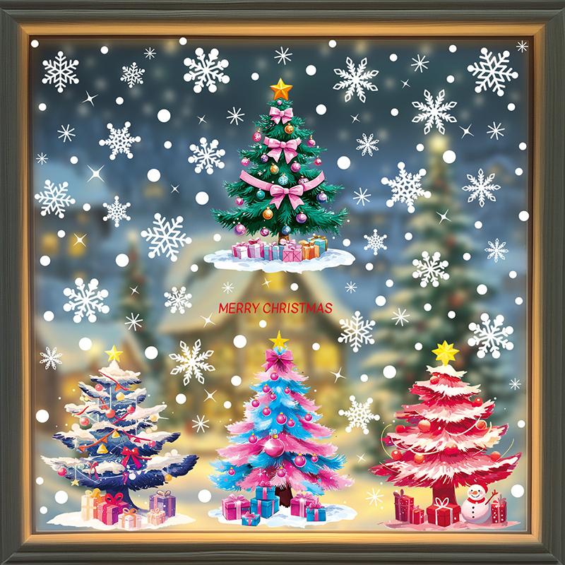 Colorful Christmas Tree Window Stickers with Snowmen And Snowflakes Static Cling Holiday Decals for Decorations